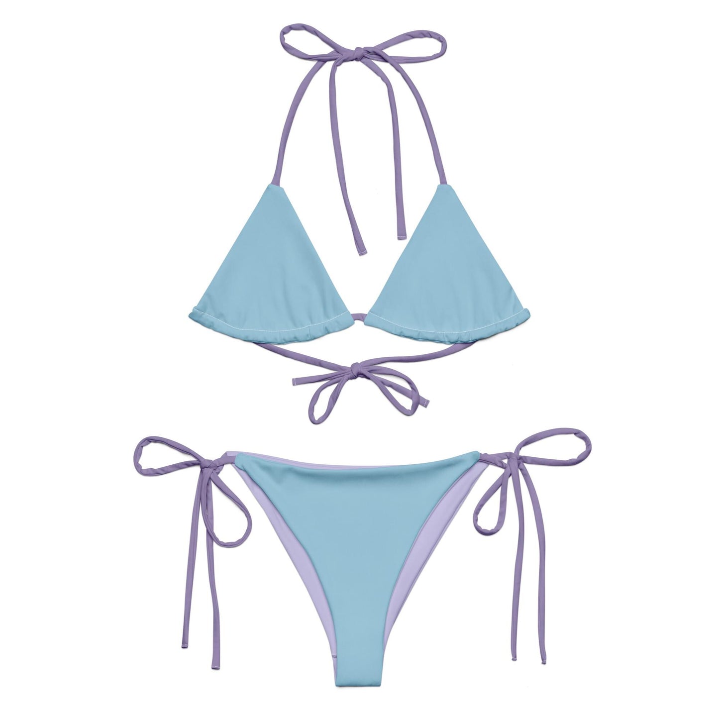 Sky Blue String Bikini Set with Purple Spaghetti Straps