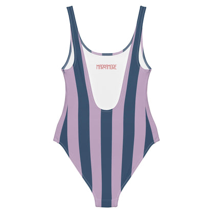 Navy Blue & Violet Striped One-Piece Swimsuit