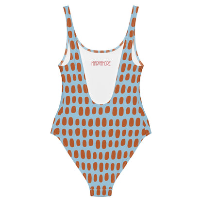Sky Blue One-Piece Swimsuit with Orange Dots