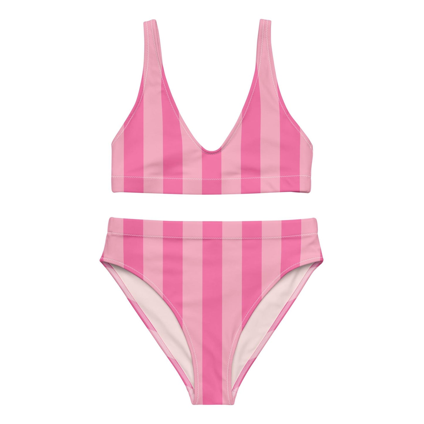 Fuchsia & Pink Striped High-Waisted Bikini Set
