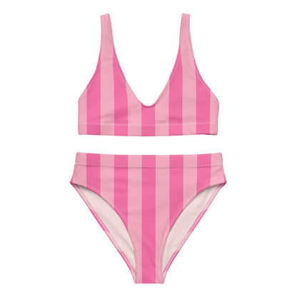 Fuchsia & Pink Striped High-Waisted Bikini Set