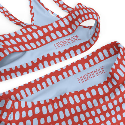 Red High-Waisted Bikini Set with Light Blue Dots