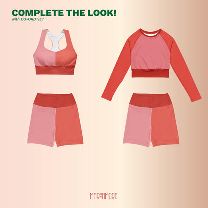 Blush & Red Colour-Block Yoga Shorts