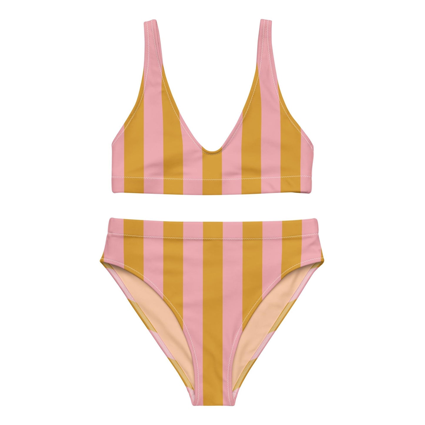 Yellow & Pink Striped High-Waisted Bikini Set