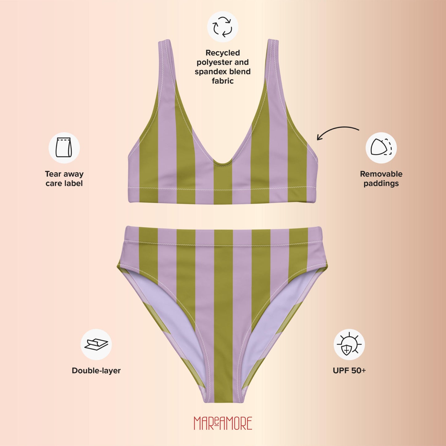 Green & Violet Striped High-Waisted Bikini Set