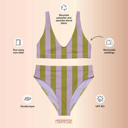 Green & Violet Striped High-Waisted Bikini Set