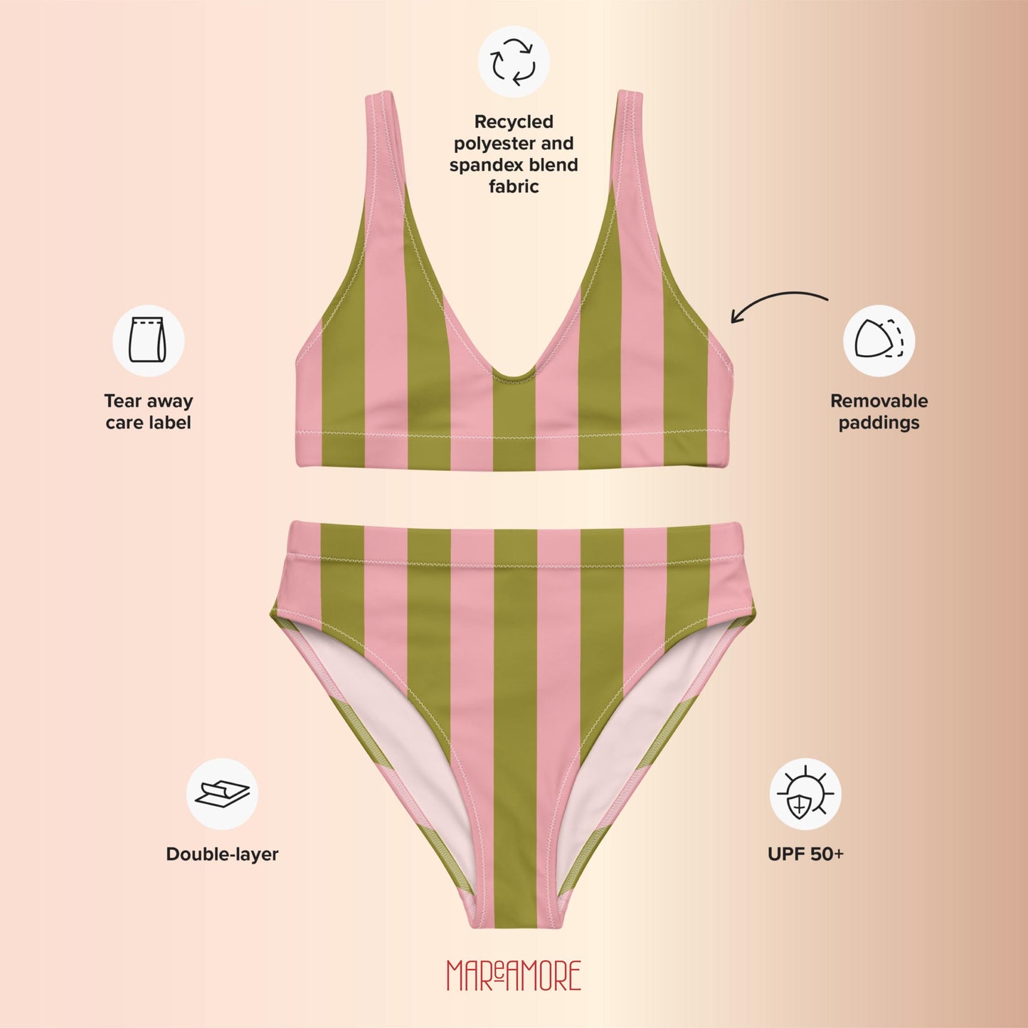 Olive Green & Pink Striped High-Waisted Bikini Set