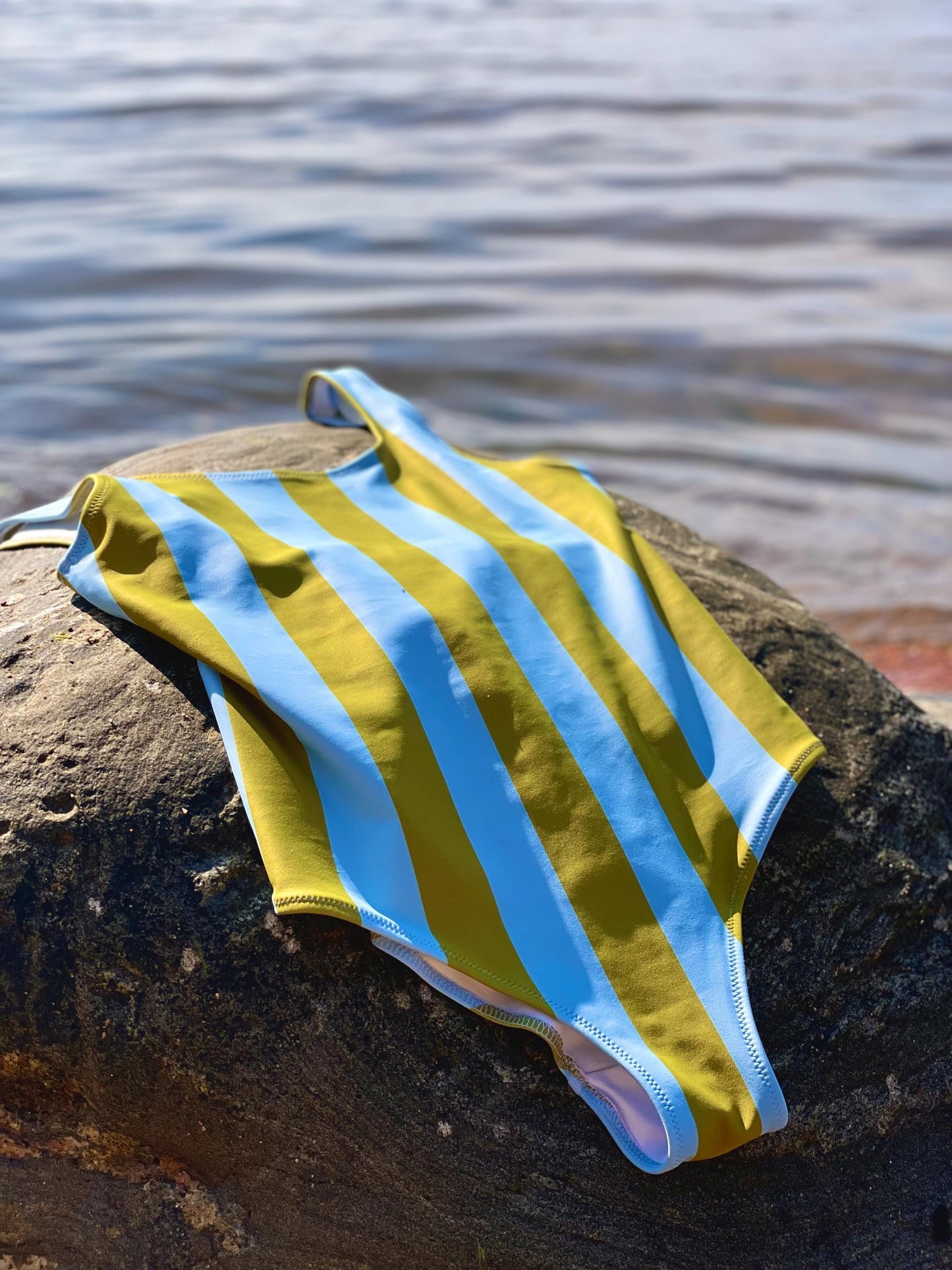 Olive Green & Sky Blue Striped One-Piece Swimsuit