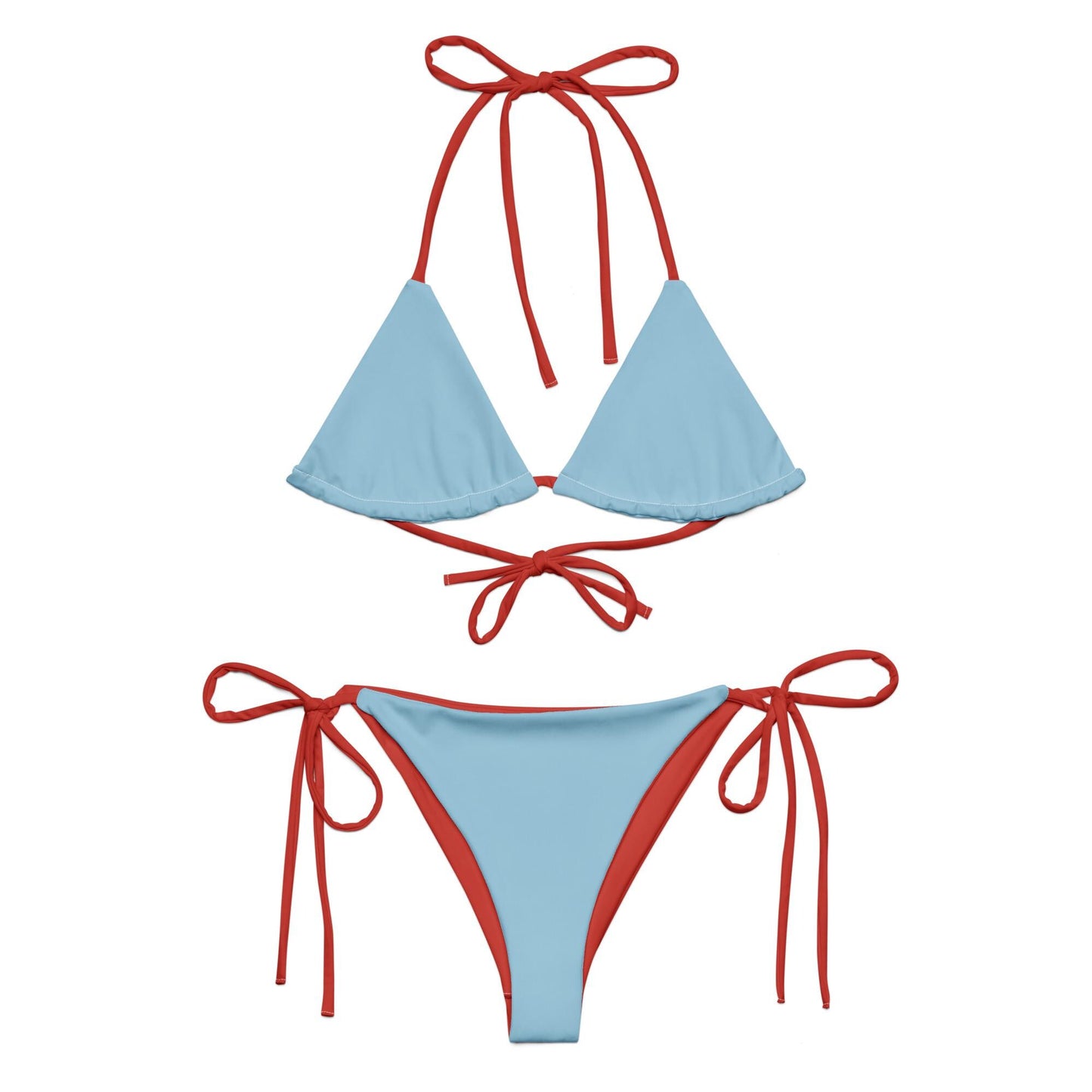 Sky Blue String Bikini Set with Red Spaghetti Straps