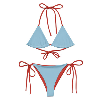 Sky Blue String Bikini Set with Red Spaghetti Straps