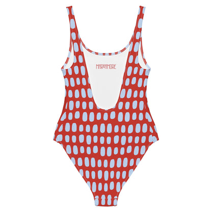 Red One-Piece Swimsuit with Light Blue Dots