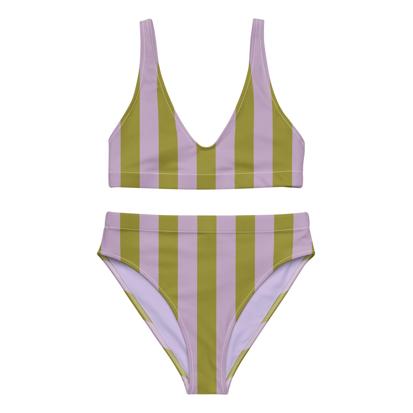 Green & Violet Striped High-Waisted Bikini Set