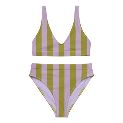 Green & Violet Striped High-Waisted Bikini Set