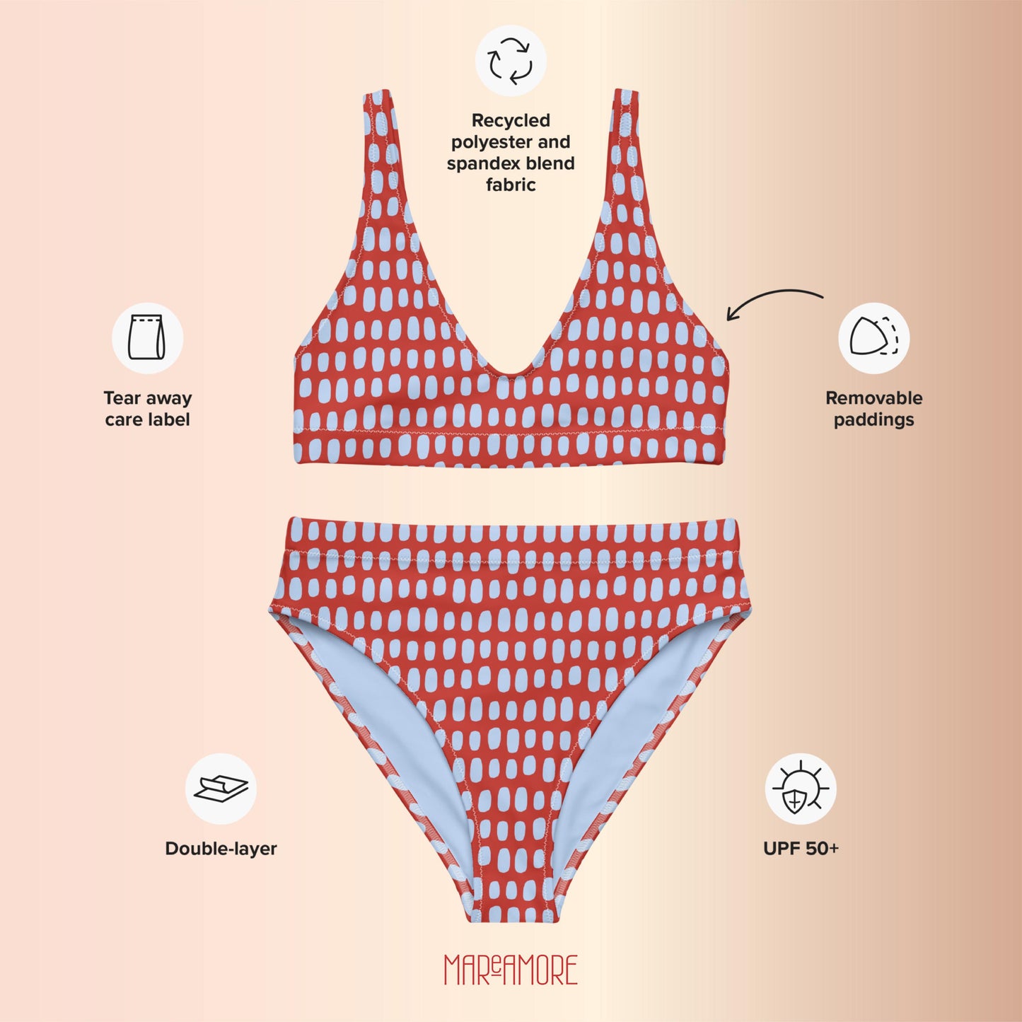 Red High-Waisted Bikini Set with Light Blue Dots