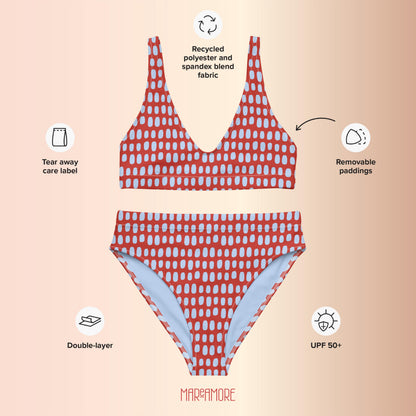 Red High-Waisted Bikini Set with Light Blue Dots