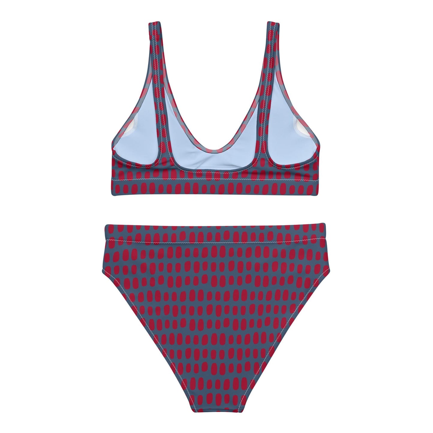 Navy Blue High-Waisted Bikini with Red Dots
