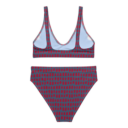 Navy Blue High-Waisted Bikini with Red Dots