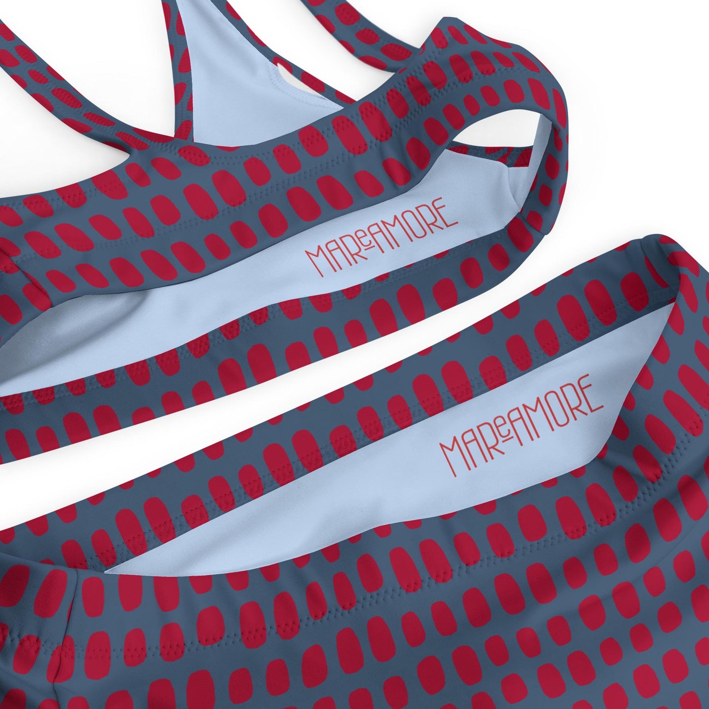 Navy Blue High-Waisted Bikini with Red Dots