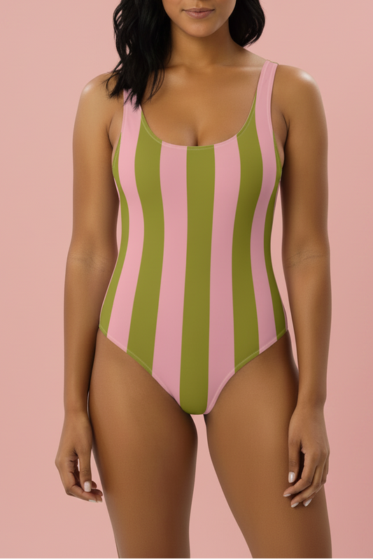 Olive Green & Pink Striped One-Piece Swimsuit