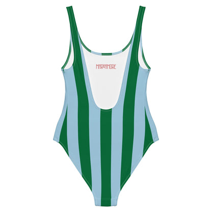 Green & Sky Blue Striped One-Piece Swimsuit
