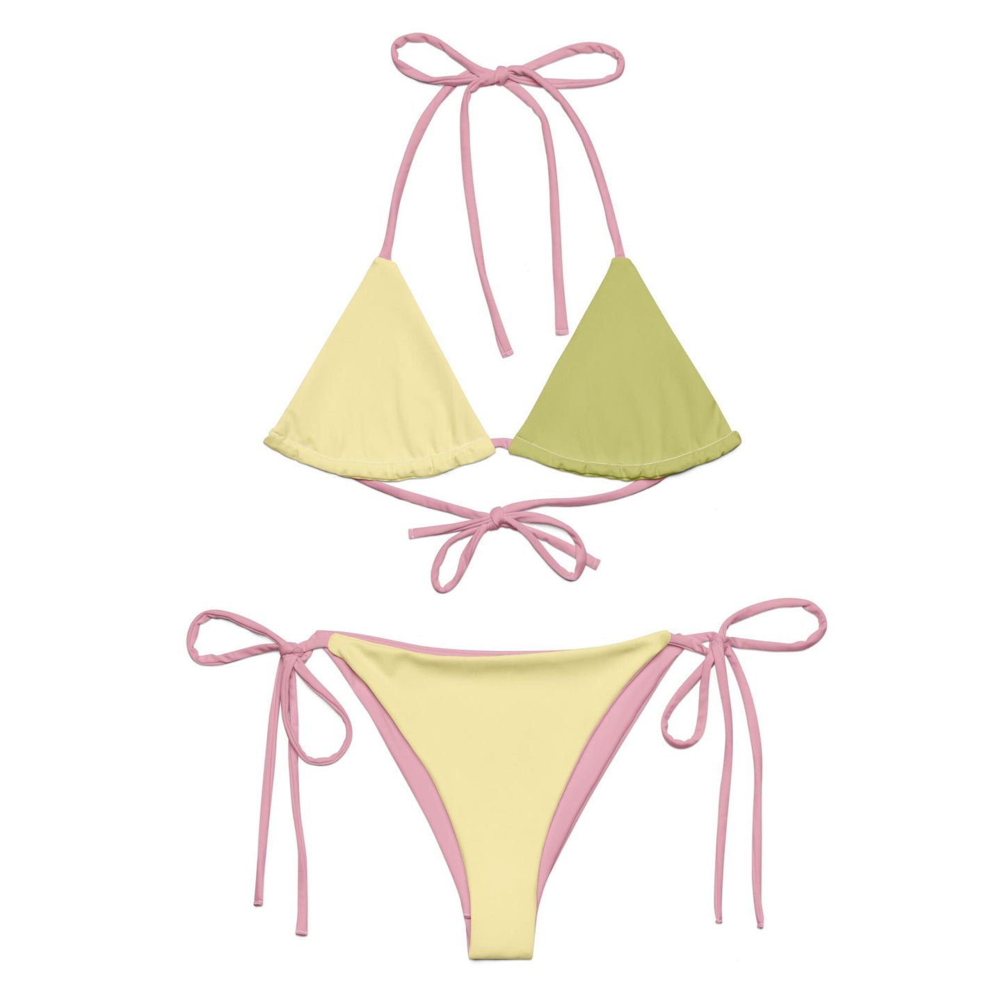 Yellow & Green Bikini Set with Pink Spaghetti Straps