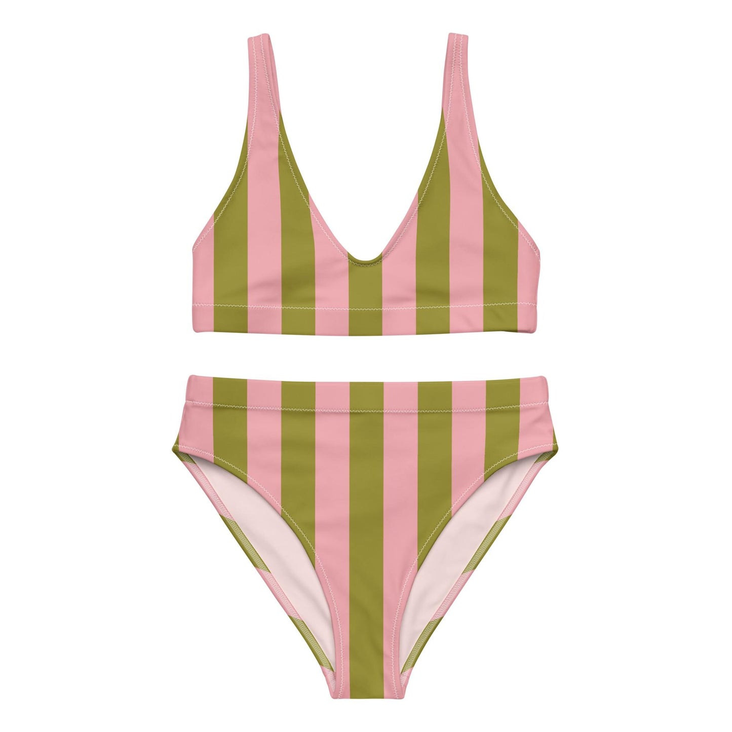 Olive Green & Pink Striped High-Waisted Bikini Set