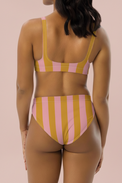 Yellow & Pink Striped High-Waisted Bikini Set