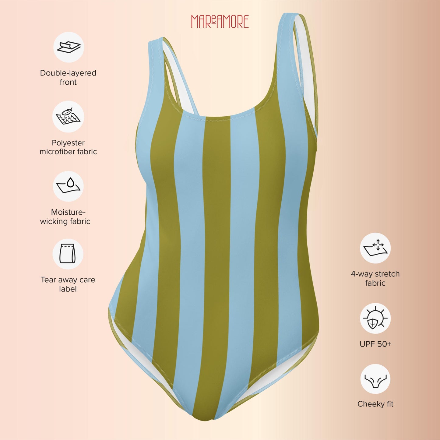 Olive Green & Sky Blue Striped One-Piece Swimsuit