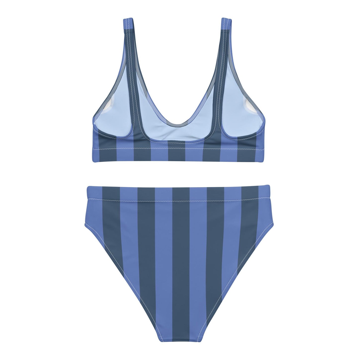 Navy Blue & Marine Striped High-Waisted Bikini Set