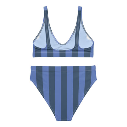 Navy Blue & Marine Striped High-Waisted Bikini Set