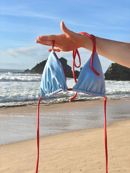 Sky Blue String Bikini Set with Red Spaghetti Straps
