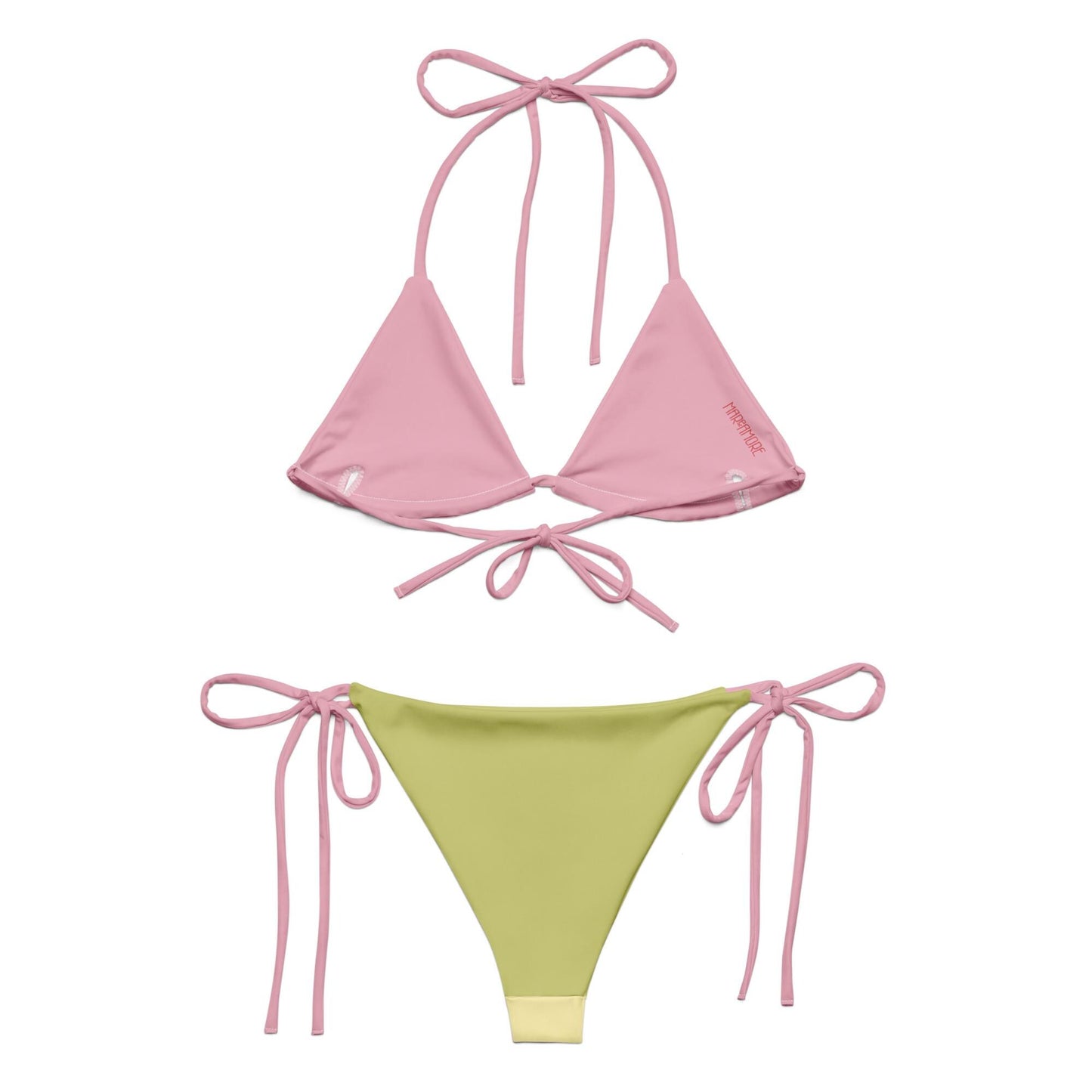 Yellow & Green Bikini Set with Pink Spaghetti Straps