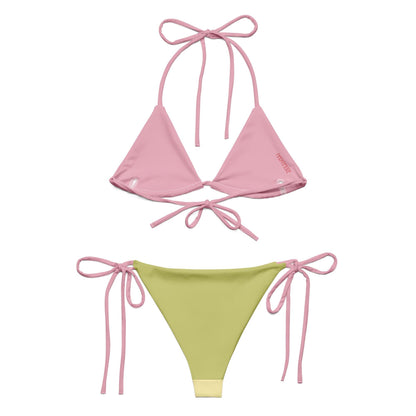 Yellow & Green Bikini Set with Pink Spaghetti Straps