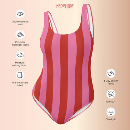 Red & Pink Striped One-Piece Swimsuit