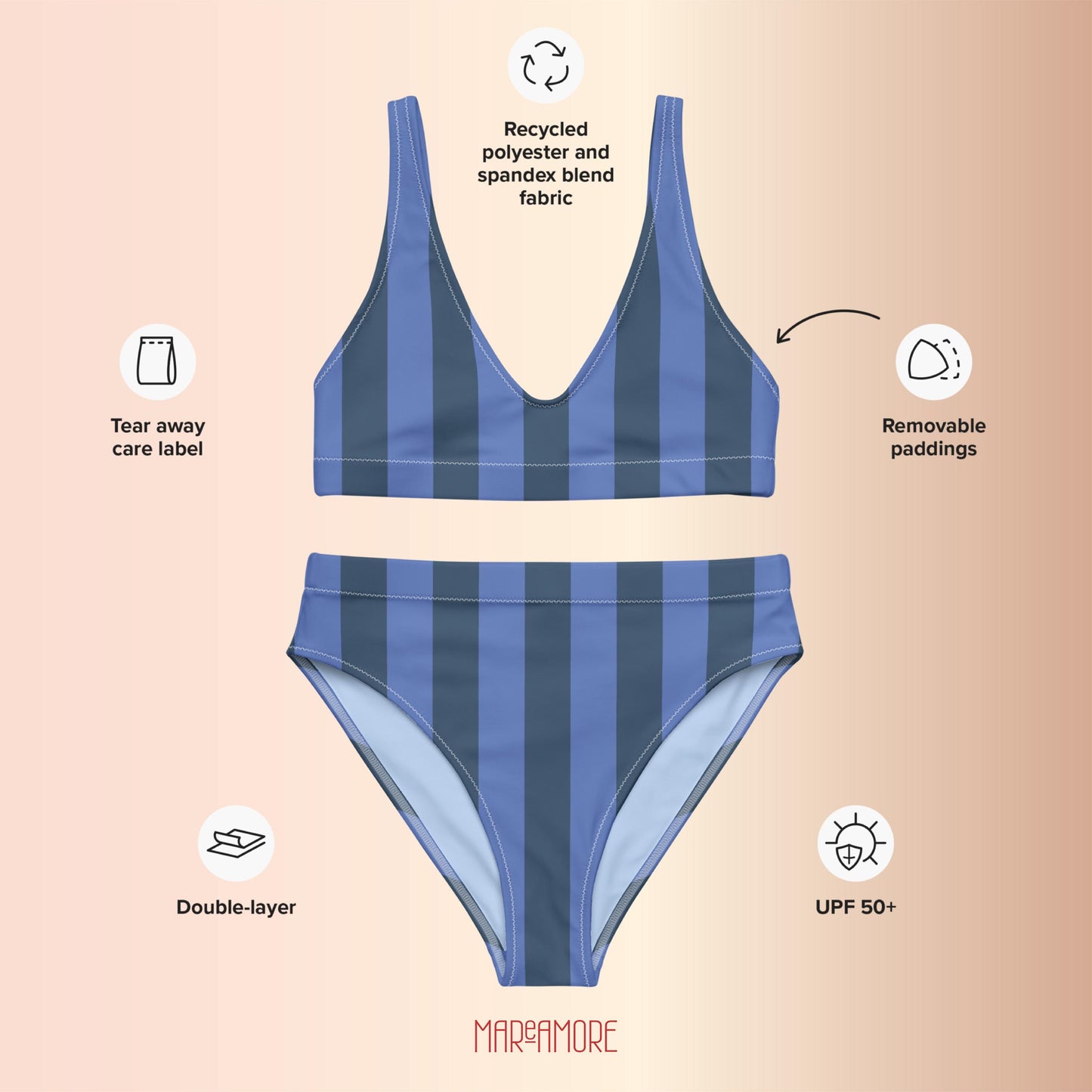 Navy Blue & Marine Striped High-Waisted Bikini Set