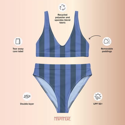 Navy Blue & Marine Striped High-Waisted Bikini Set