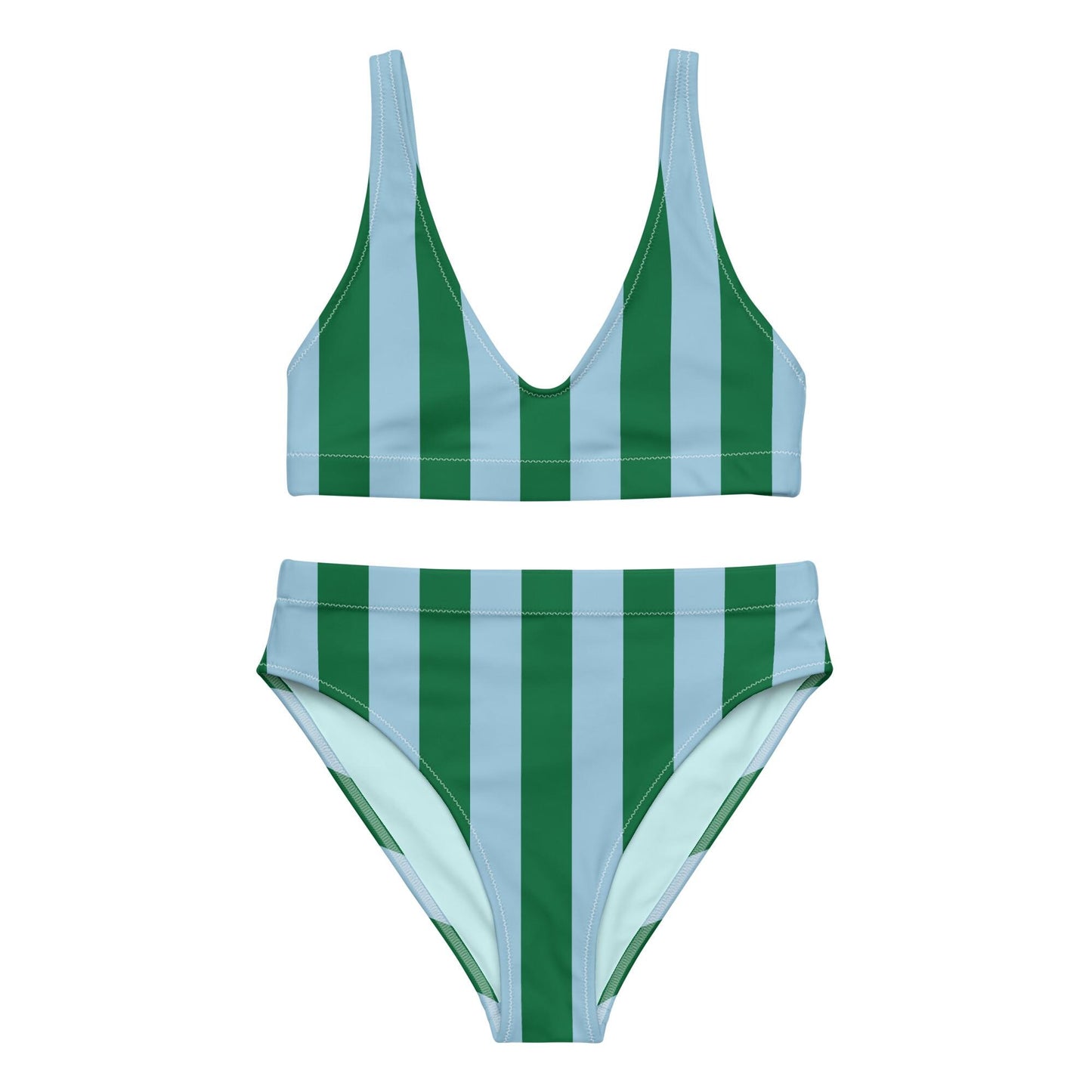 Green & Sky Blue Striped High-Waisted Bikini Set