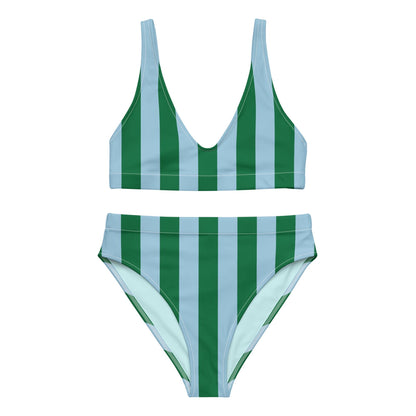 Green & Sky Blue Striped High-Waisted Bikini Set