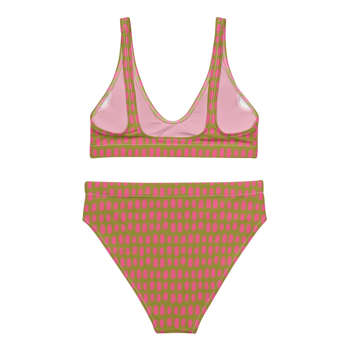 Olive Green High-Waisted Bikini Set with Pink Dots