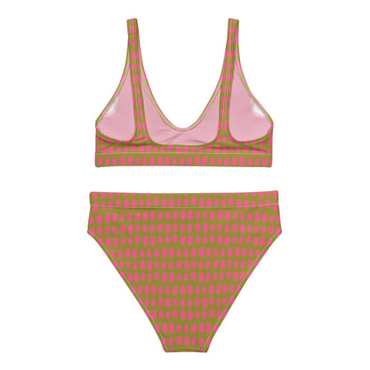 Olive Green High-Waisted Bikini Set with Pink Dots