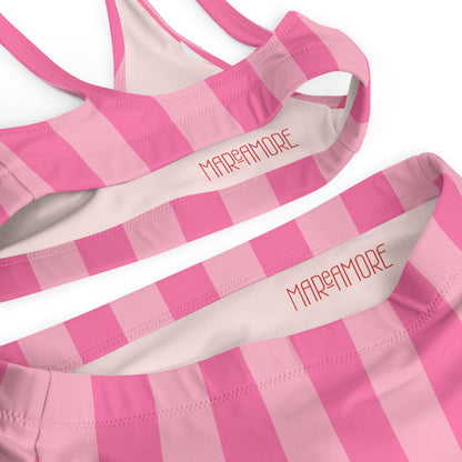 Fuchsia & Pink Striped High-Waisted Bikini Set