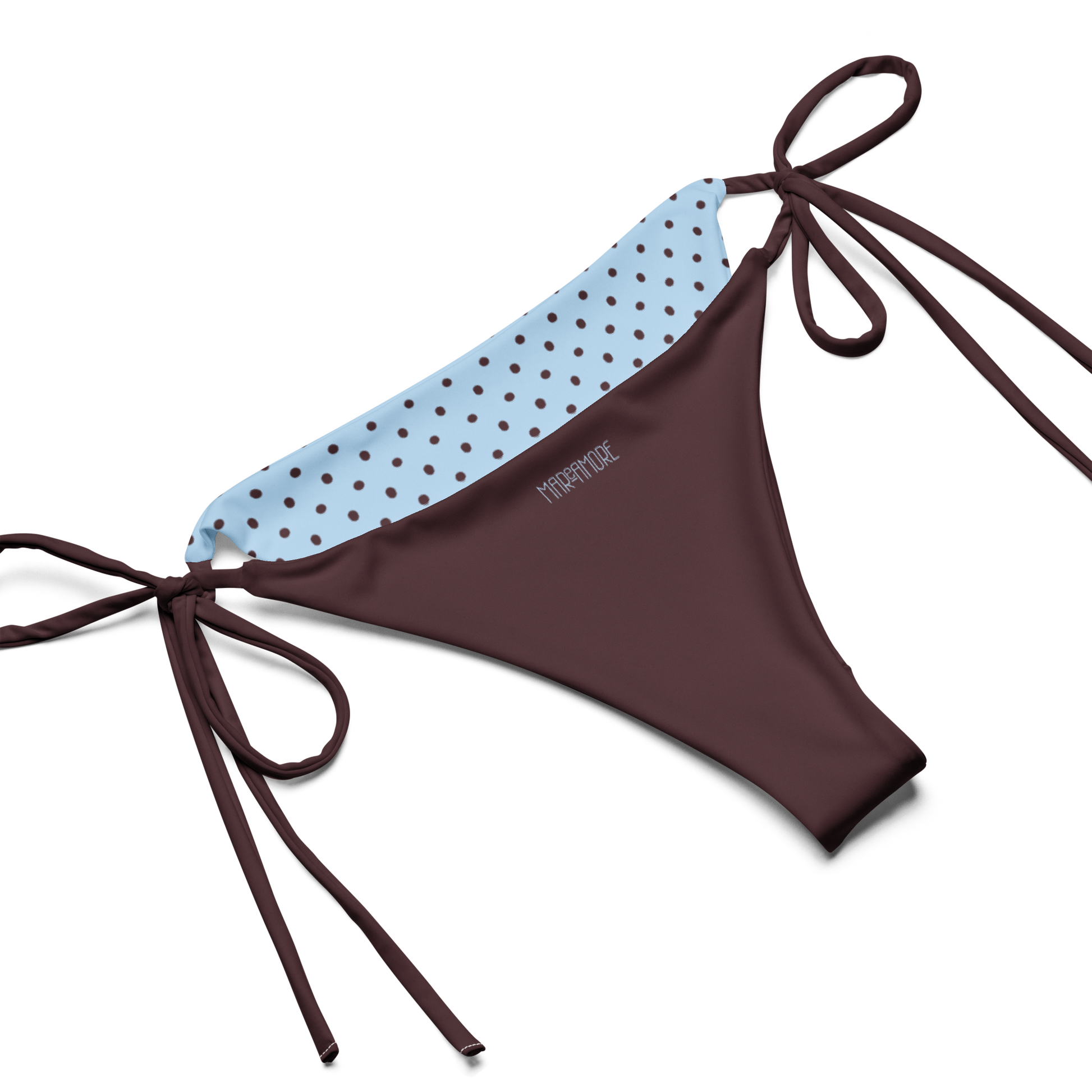 Blue bikini bottoms with brown linning logo detail shot