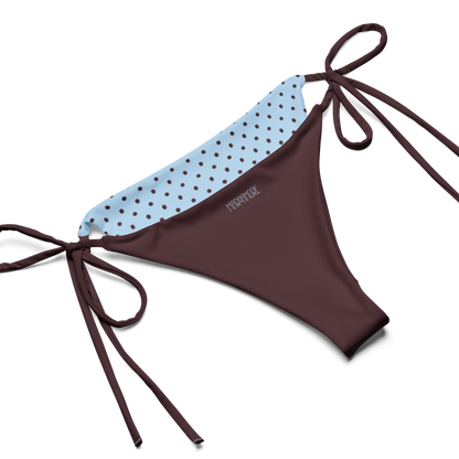 Blue bikini bottoms with brown linning logo detail shot