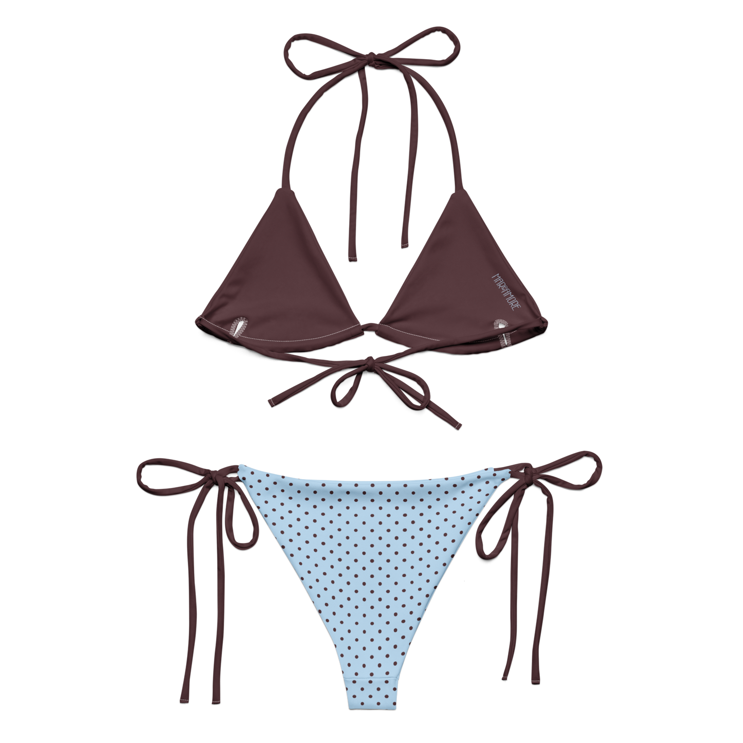 Brown triangle bikini top and blue polka dot bikini bottom on a white background