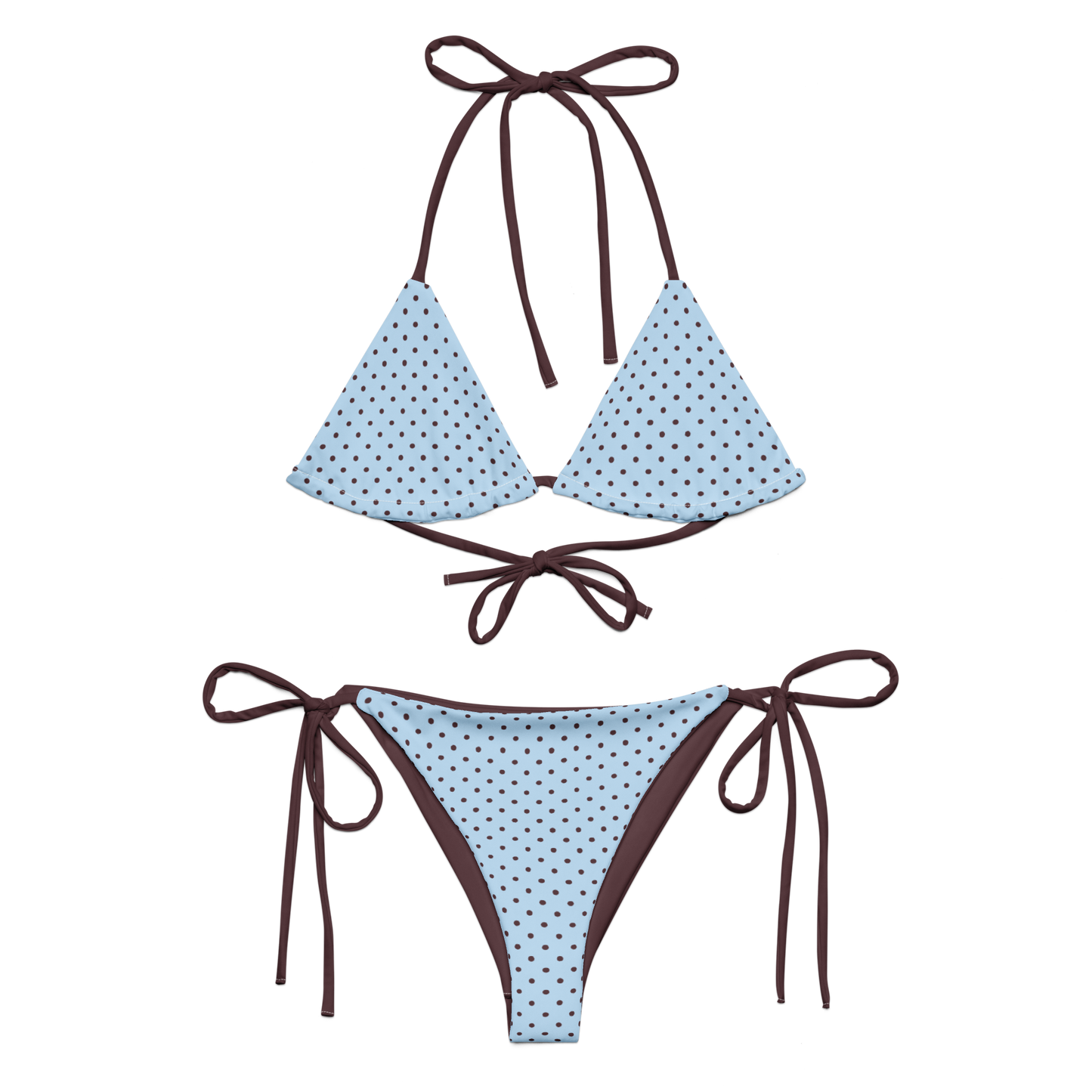 Blue polka dot bikini with brown straps on a white background
