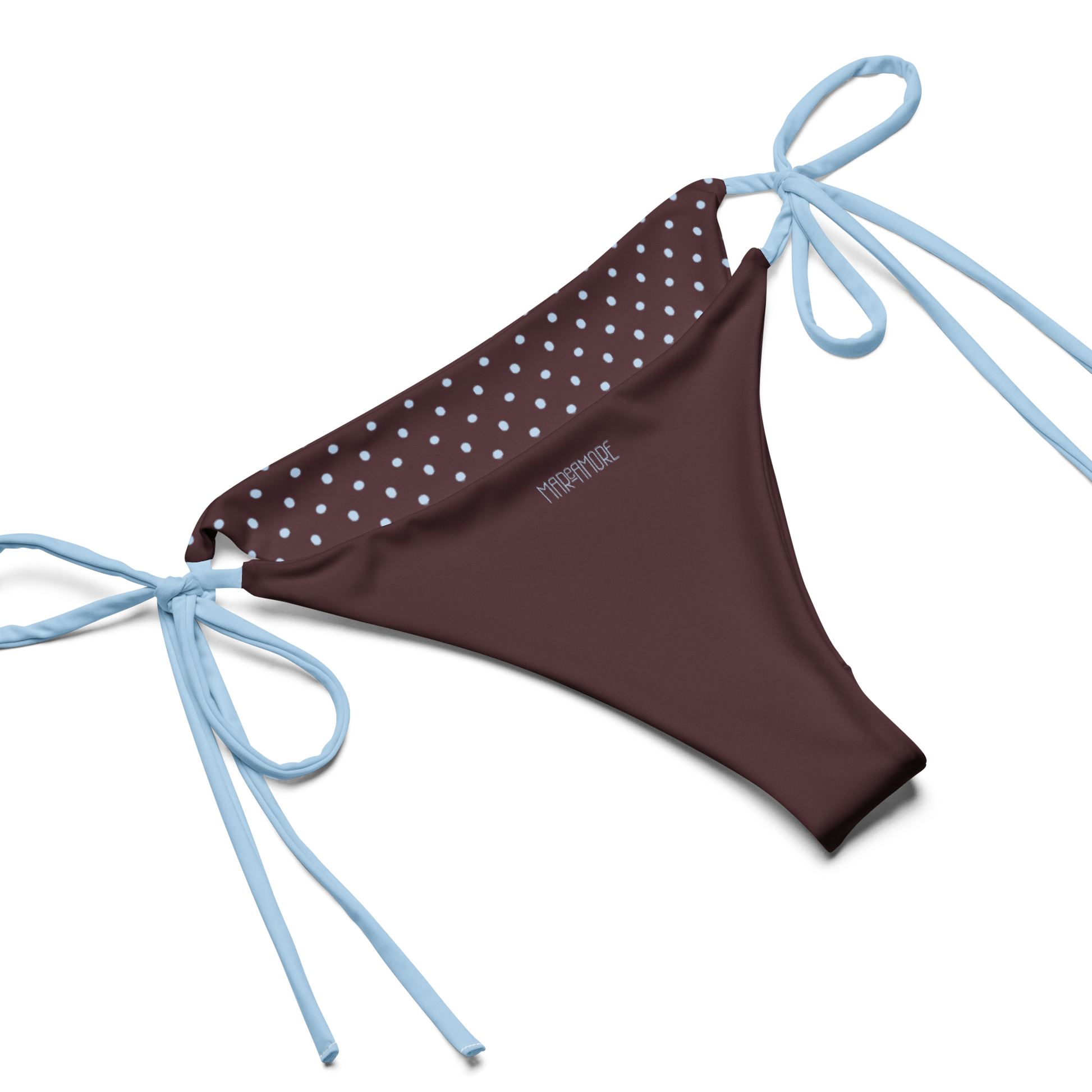 Brown bikini bottom with light blu polka dots and blue strings on a white background