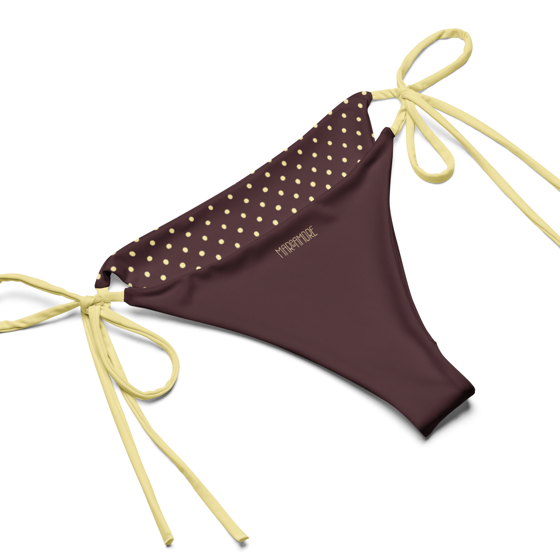 Brown bikini bottom with yellow polka dots and matching strings on a white background
