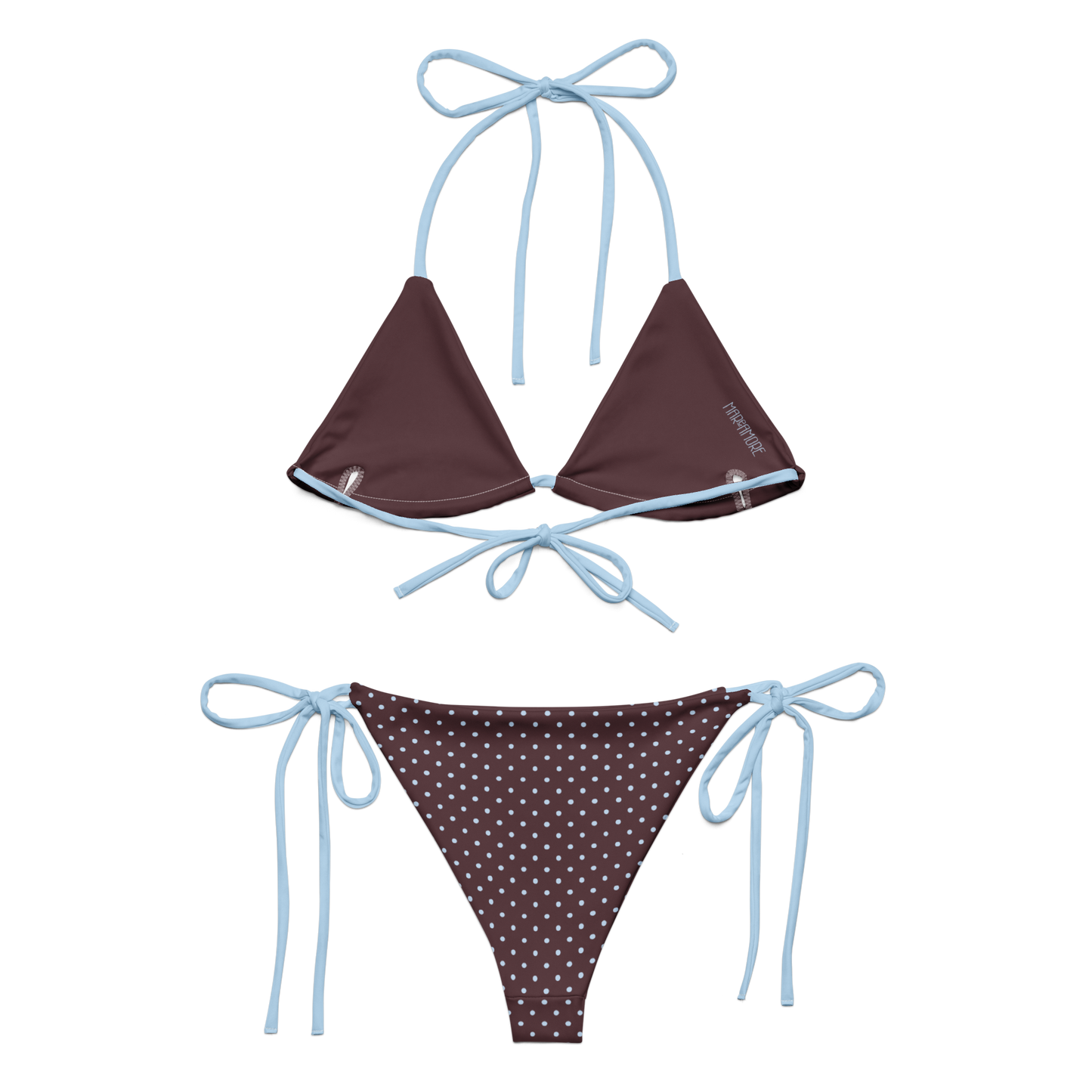 Brown bikini set with polka dot pattern and blue straps on a white background