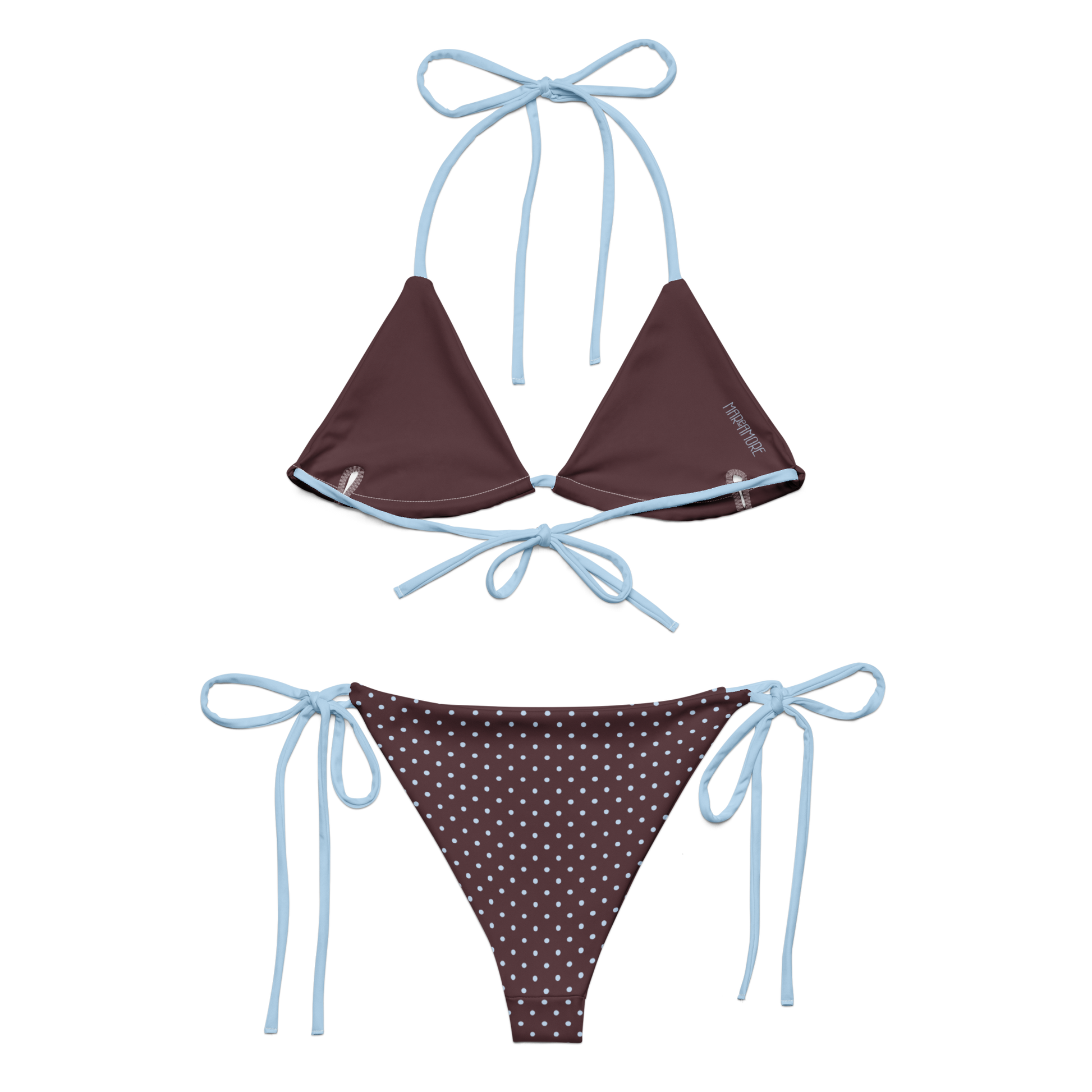 Brown bikini set with polka dot pattern and blue straps on a white background