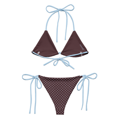 Brown bikini set with polka dot pattern and blue straps on a white background